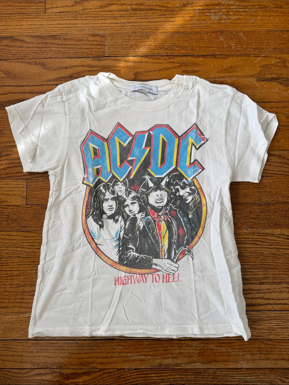 Daydreamer White AC/DC Graphic Tee with Multicolor Band Art